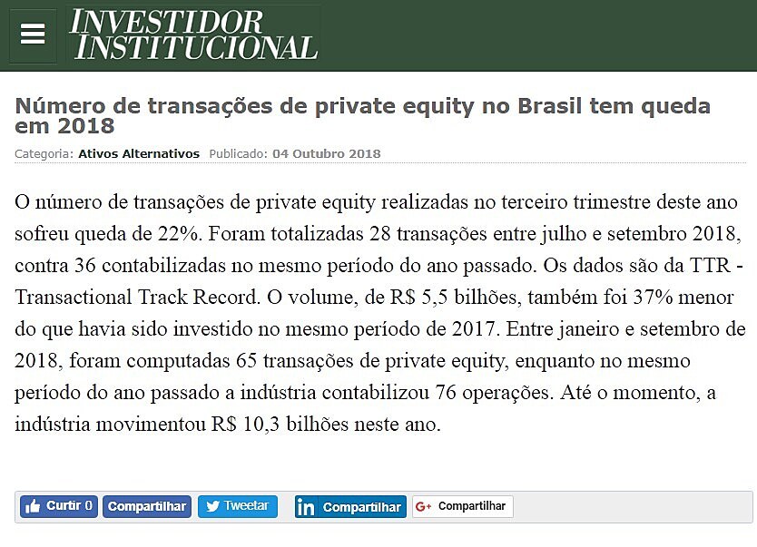 Nmero de transaes de private equity no Brasil tem queda em 2018